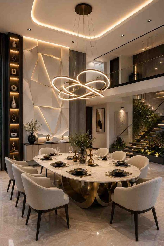 Luxury dining room interior with a sculptural dining table, upholstered chairs, statement pendant lights, geometric wall panels, and warm LED lighting.
