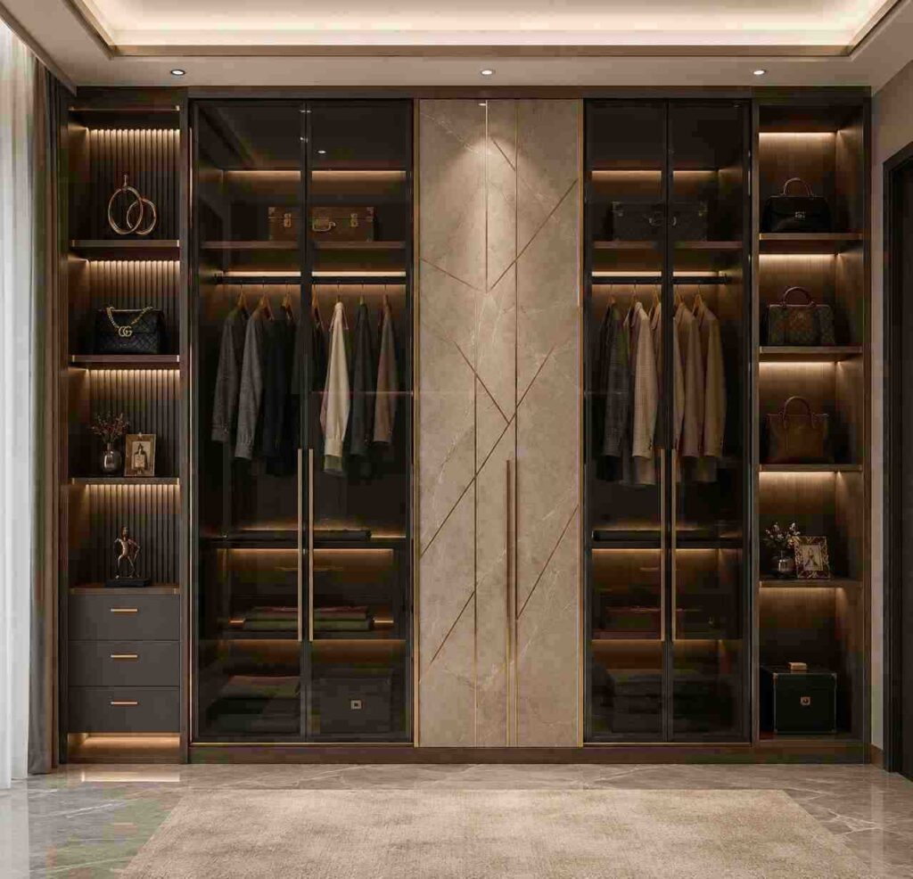 Luxury glass wardrobe design with built-in closet storage, floor-to-ceiling cabinets, illuminated display shelves, custom wardrobe organization, and modern bedroom interior.