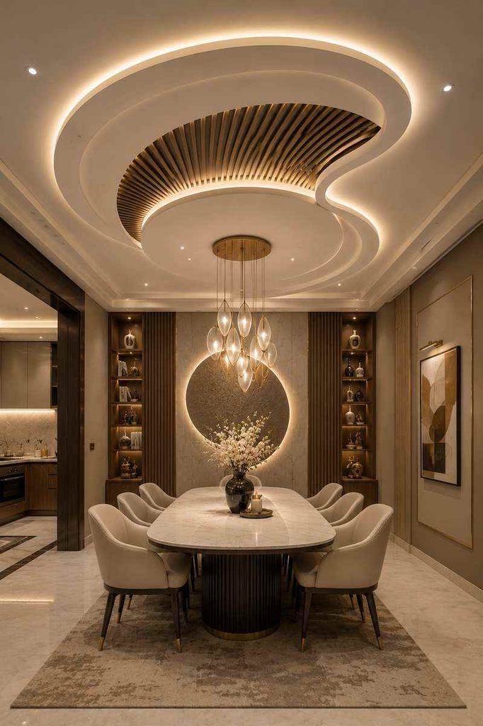 Luxury modern dining room with a sculptural statement ceiling, oval dining table, upholstered chairs, warm LED lighting, and fluted wall panels.