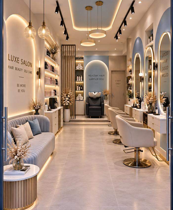Modern luxury salon interior design with arched mirrors, styling stations, LED lighting, and elegant salon furniture.