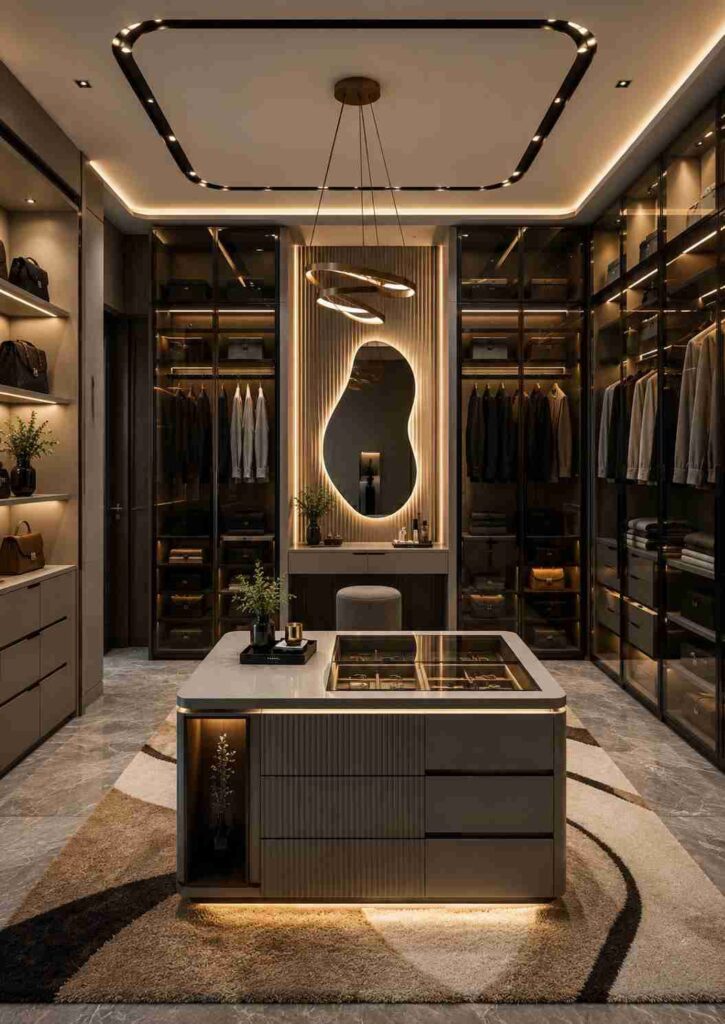 Luxury walk-in closet design with custom wardrobe cabinets, glass storage, dressing island, built-in shelves, elegant lighting, and premium dressing room interior ideas.