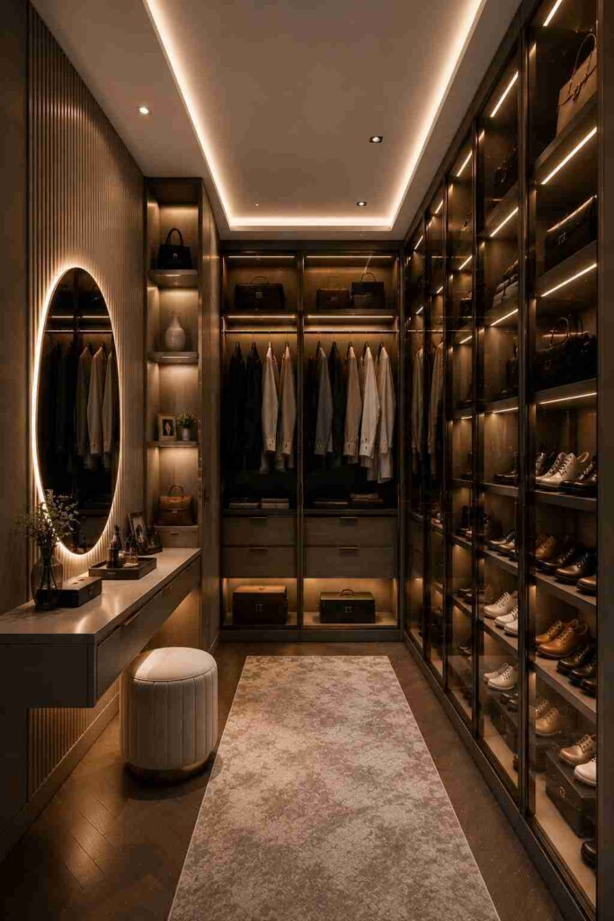 Luxury walk-in closet design with glass wardrobes, custom closet storage, built-in dressing table, illuminated mirror, shoe storage, and modern wardrobe organization.
