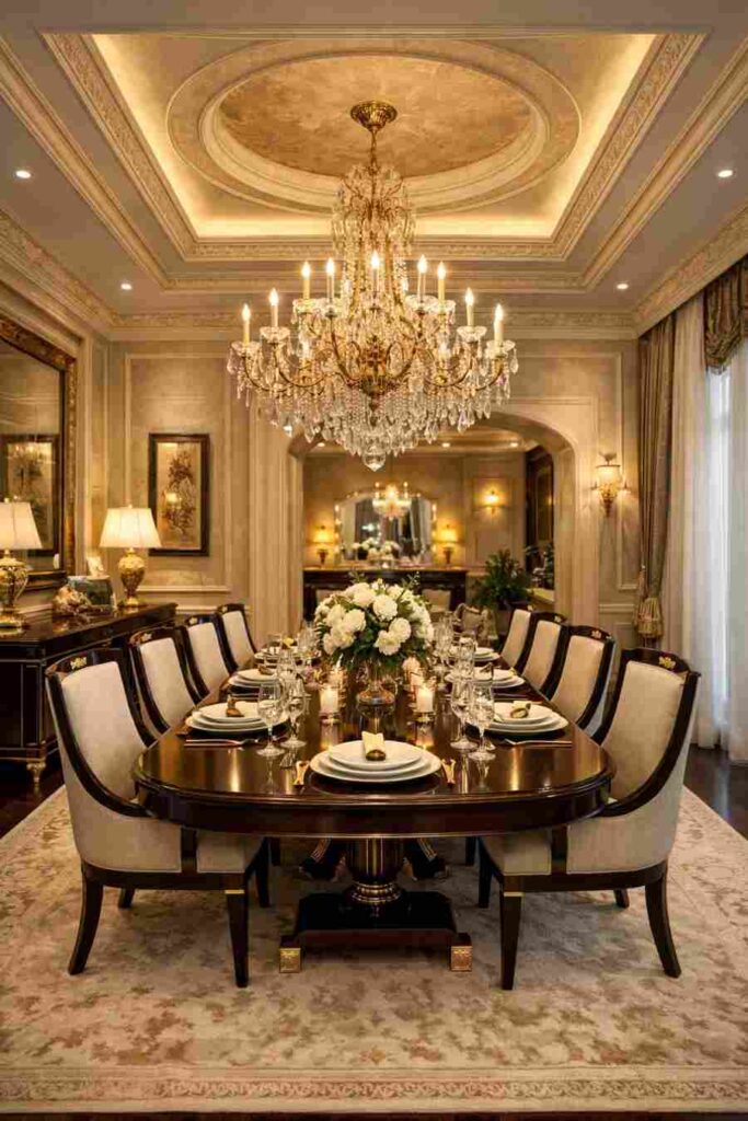 Luxury classic dining room interior with crystal chandelier, elegant wooden dining table, beige upholstered chairs, decorative ceiling design, warm ambient lighting, and premium royal home decor.