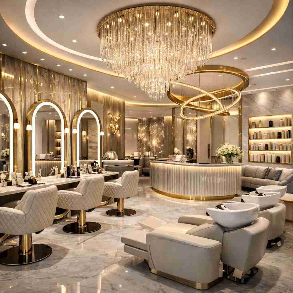Modern luxury salon interior design with gold accents, crystal chandelier, marble floor, premium salon chairs, elegant mirrors, and stylish beauty studio décor.