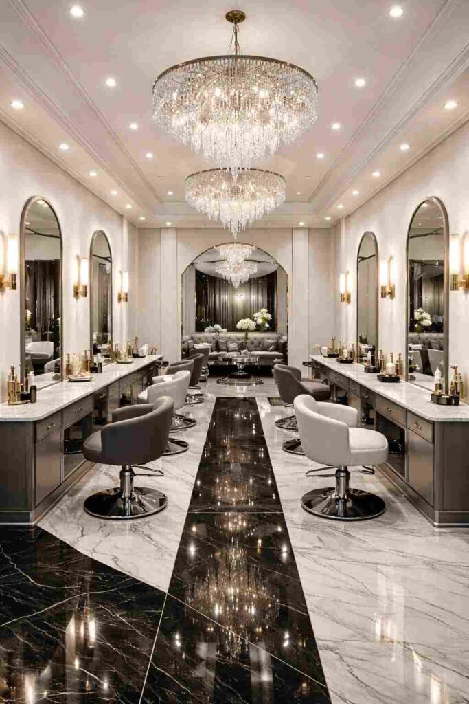 Modern luxury salon interior with crystal chandeliers, marble floor, elegant salon chairs, stylish mirrors, premium lighting, and glamorous beauty studio décor.