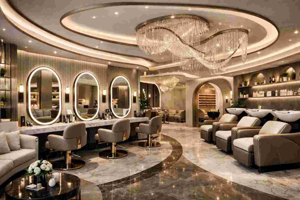 Modern luxury salon interior with elegant chandelier lighting, oval LED mirrors, marble flooring, premium salon chairs, and stylish contemporary beauty spa decor.