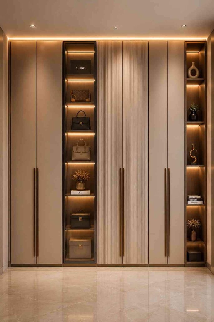 Modern luxury wardrobe design featuring built-in closet cabinets, custom storage, illuminated display shelves, floor-to-ceiling wardrobe, and premium bedroom interior design.