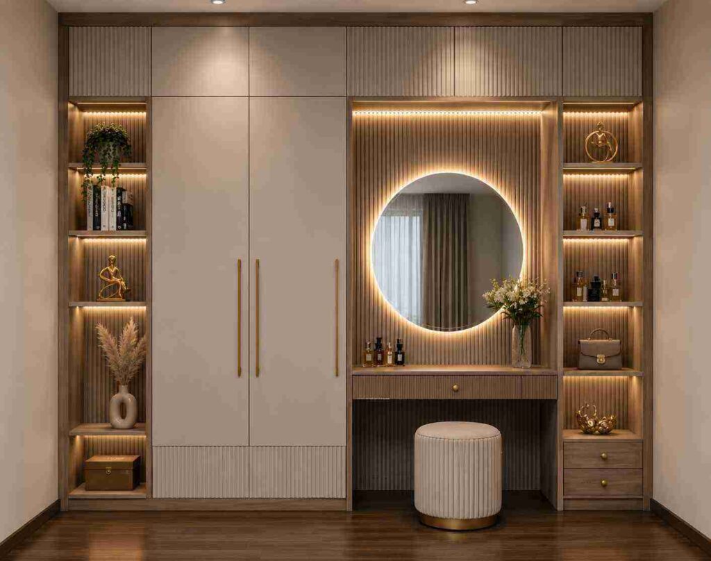 Modern wardrobe with built-in dressing table, illuminated round mirror, custom storage cabinets, display shelves, and luxury bedroom interior design.