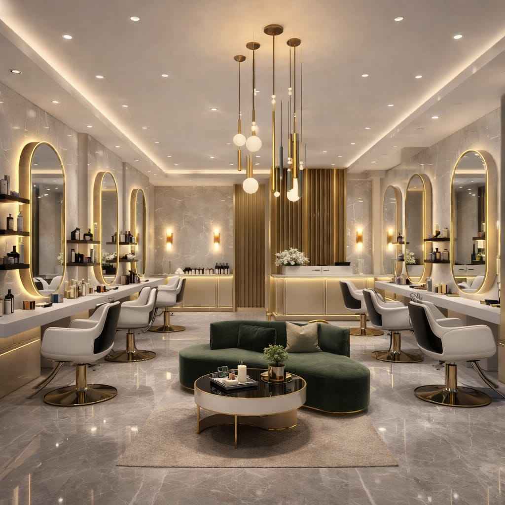 Modern luxury beauty salon interior with LED mirrors, marble flooring, stylish salon chairs, pendant lights, elegant lounge seating, and premium spa décor.
