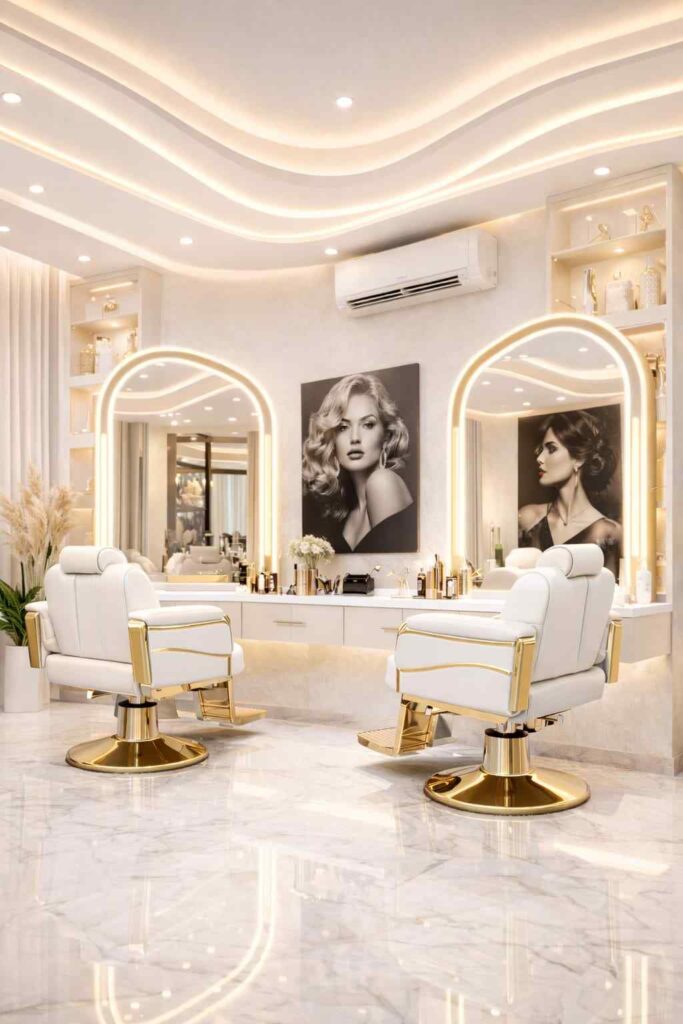 Luxury white and gold salon interior with modern styling chairs, glowing mirrors, marble floor, elegant ceiling lighting, and premium beauty studio décor.