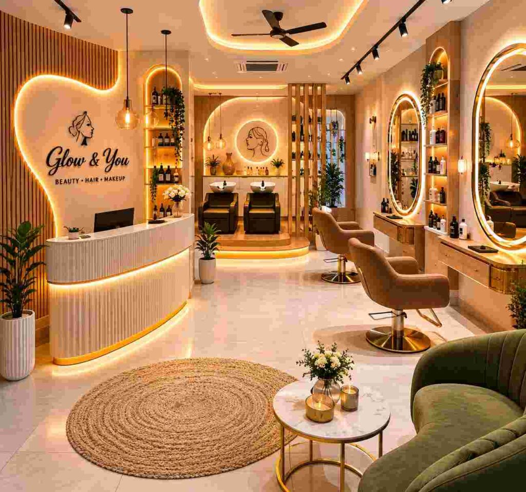Modern luxury beauty salon interior featuring illuminated arched mirrors, warm LED lighting, elegant styling chairs, premium reception desk, wooden wall panels, and a cozy contemporary décor in beige and gold tones.