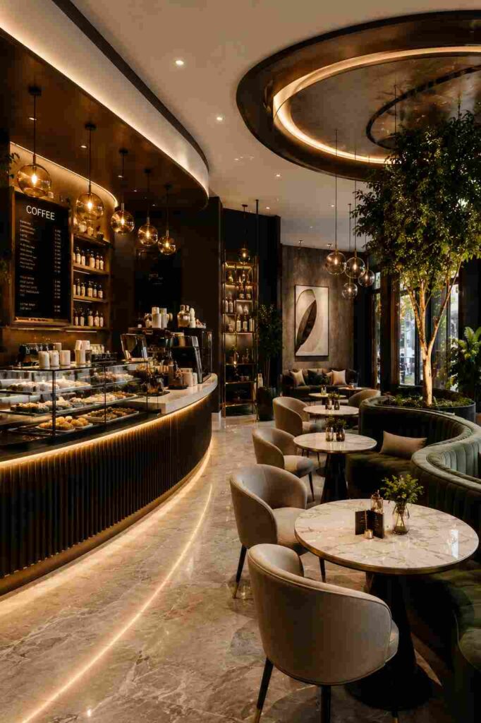 Modern luxury café interior with curved coffee counter, warm pendant lights, marble flooring, elegant seating, indoor tree, premium ceiling design, and sophisticated contemporary ambiance.