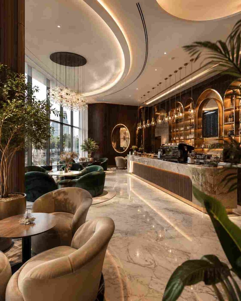 Modern luxury café interior with marble flooring, curved LED ceiling design, stylish pendant lighting, elegant coffee counter, plush seating, indoor plants, and floor-to-ceiling windows creating a premium ambiance.