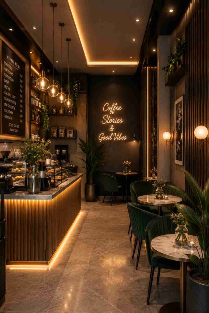 Small luxury café interior with warm LED lighting, wooden coffee counter, pendant lights, velvet green chairs, marble tables, indoor plants, and modern premium coffee shop décor.