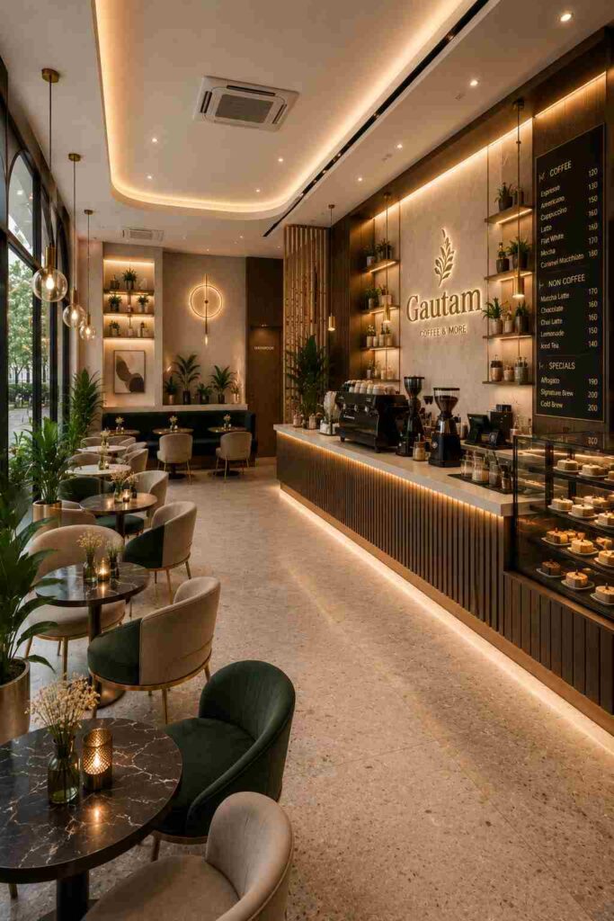 Modern luxury café interior with elegant coffee bar, warm LED lighting, marble flooring, stylish seating, decorative wall shelves, indoor plants, and contemporary coffee shop décor in a premium setting.