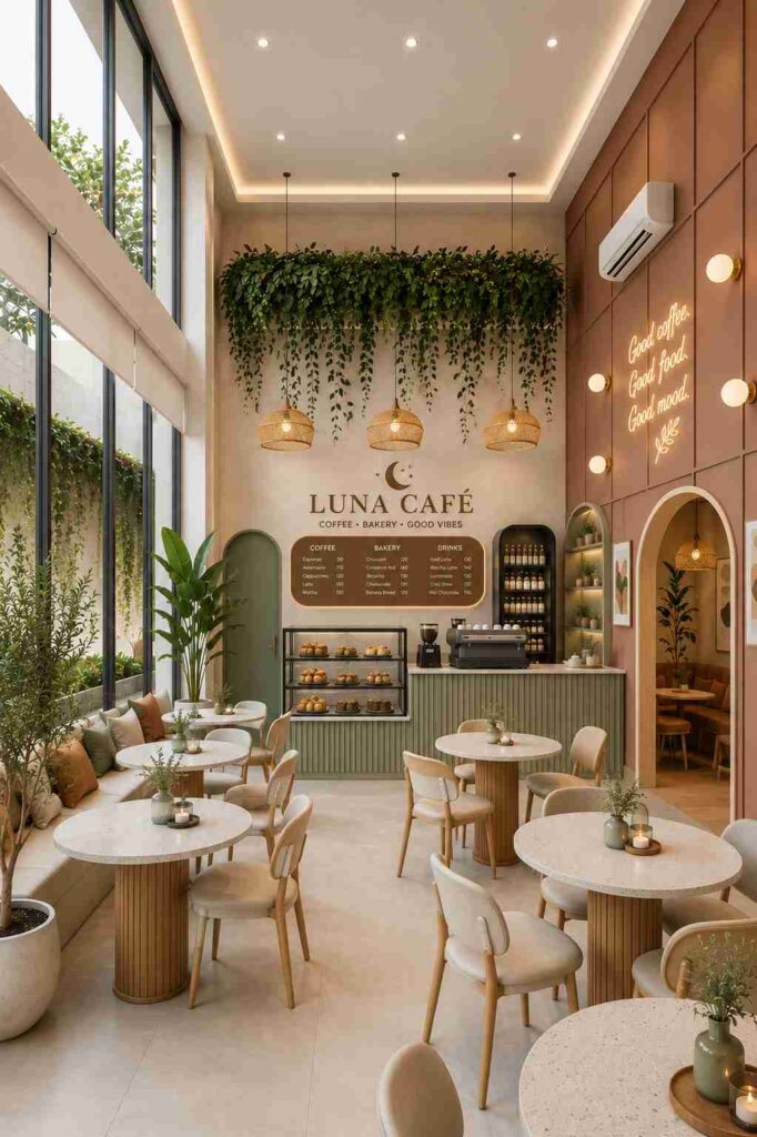 Modern biophilic café interior with double-height windows, hanging plants, warm pendant lights, minimalist furniture, cozy seating, stylish coffee counter, and bright contemporary coffee shop décor.