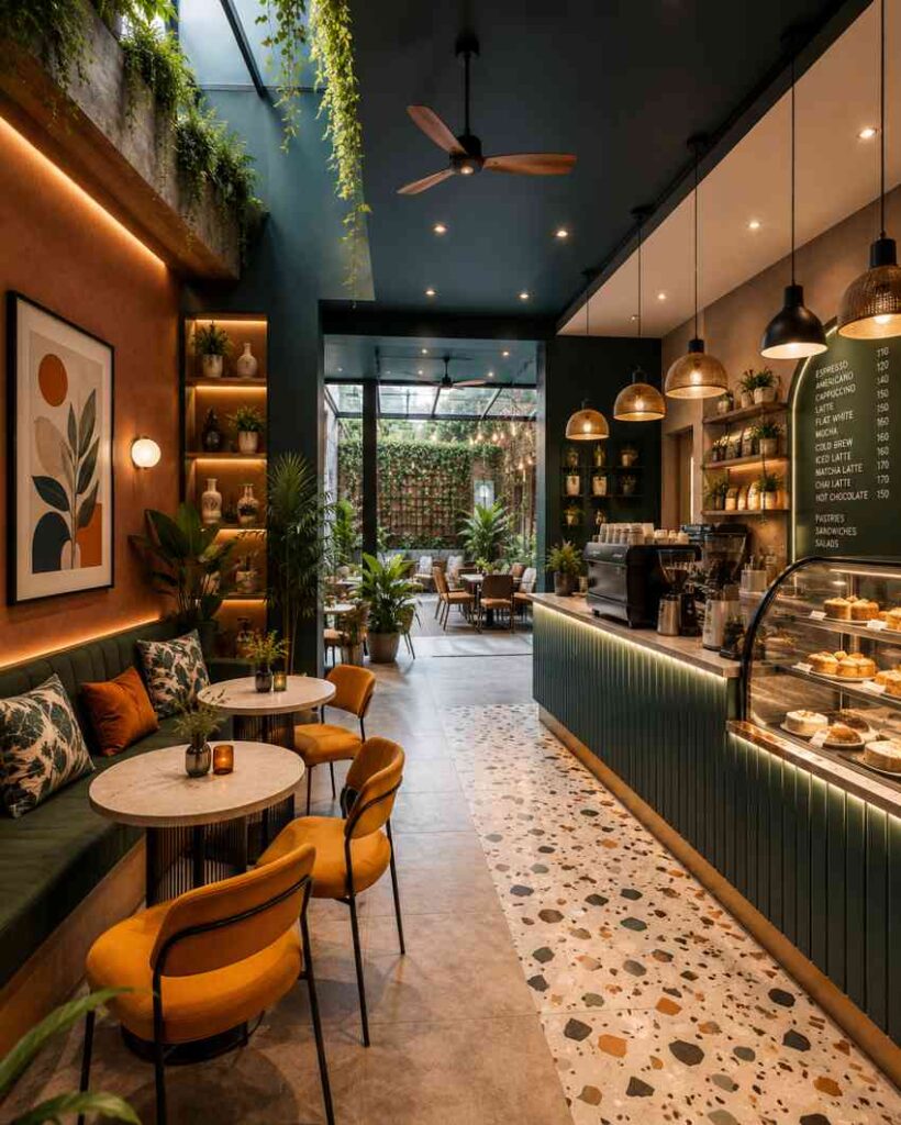 Modern industrial café interior with terrazzo flooring, warm pendant lighting, indoor plants, cozy seating, stylish coffee counter, decorative shelving, and contemporary coffee shop décor with a nature-inspired ambiance.