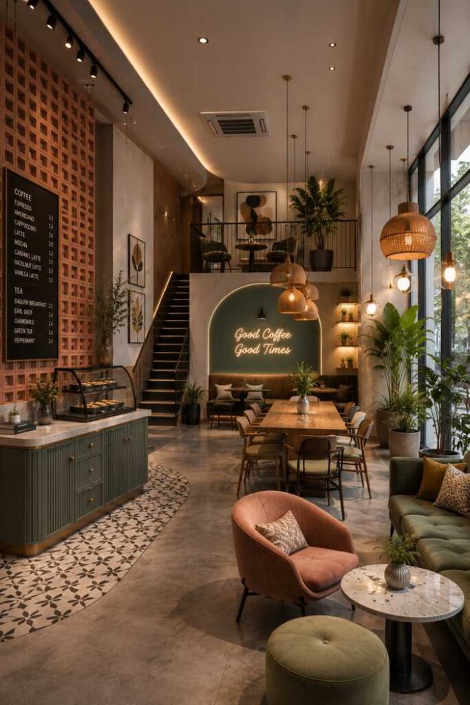 Modern luxury café interior design featuring double-height ceiling, mezzanine seating area, warm pendant lights, indoor plants, stylish wooden furniture, and contemporary coffee shop décor.