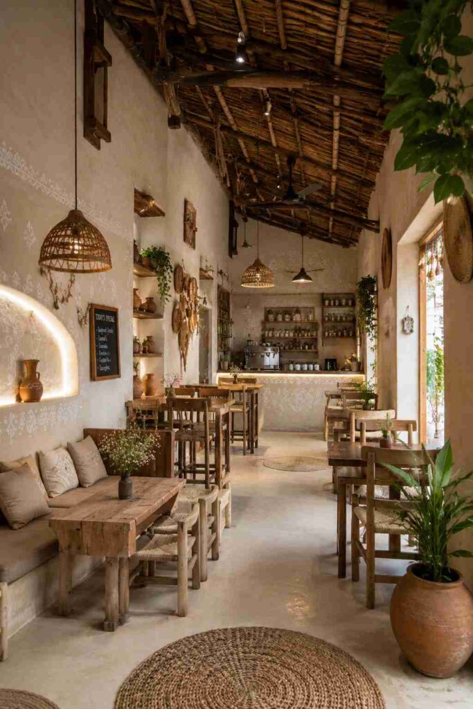 Rustic café interior featuring natural wood furniture, bamboo ceiling, woven pendant lights, earthy décor, indoor plants, and a warm bohemian coffee shop atmosphere.