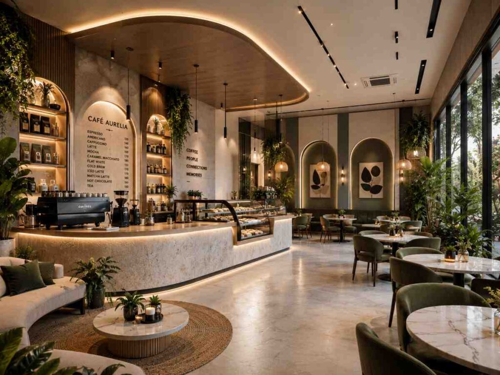 Modern luxury café interior with curved marble counter, warm LED lighting, elegant seating, indoor plants, decorative wall niches, and a stylish contemporary coffee shop design.
