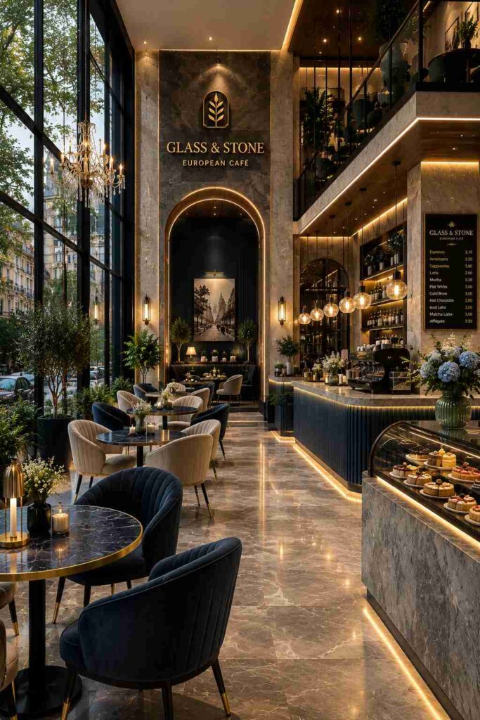 Ultra-luxury European café interior featuring floor-to-ceiling glass windows, marble flooring, elegant chandeliers, premium seating, warm LED lighting, and a sophisticated coffee bar design.