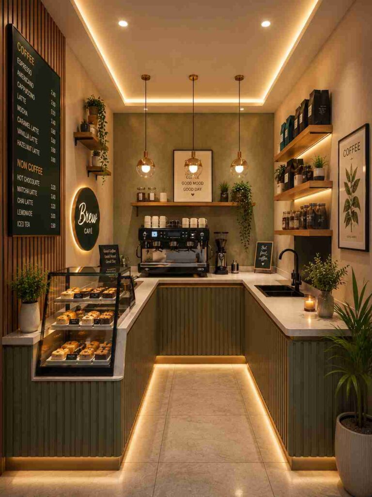 Small modern café interior featuring a compact coffee bar, warm LED lighting, wooden shelves, espresso machine, pastry display counter, and contemporary café décor.