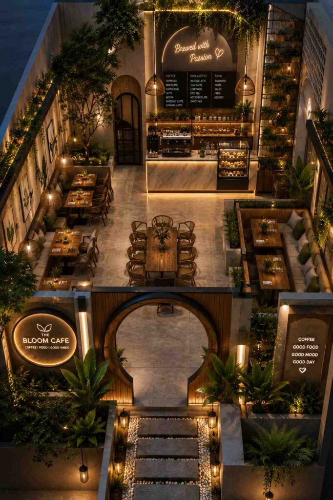 Modern open-air café interior with abundant greenery, warm lighting, wooden furniture, cozy seating areas, decorative coffee bar, and elegant biophilic design elements.