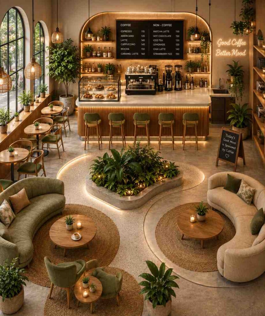 Modern biophilic café interior featuring a central indoor garden, curved lounge seating, warm lighting, wooden coffee bar, indoor plants, and a stylish nature-inspired café design.