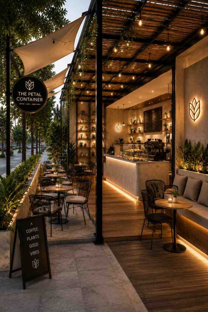 Modern luxury outdoor café interior featuring warm ambient lighting, wooden flooring, stylish seating, decorative plants, and a premium coffee counter with contemporary design.