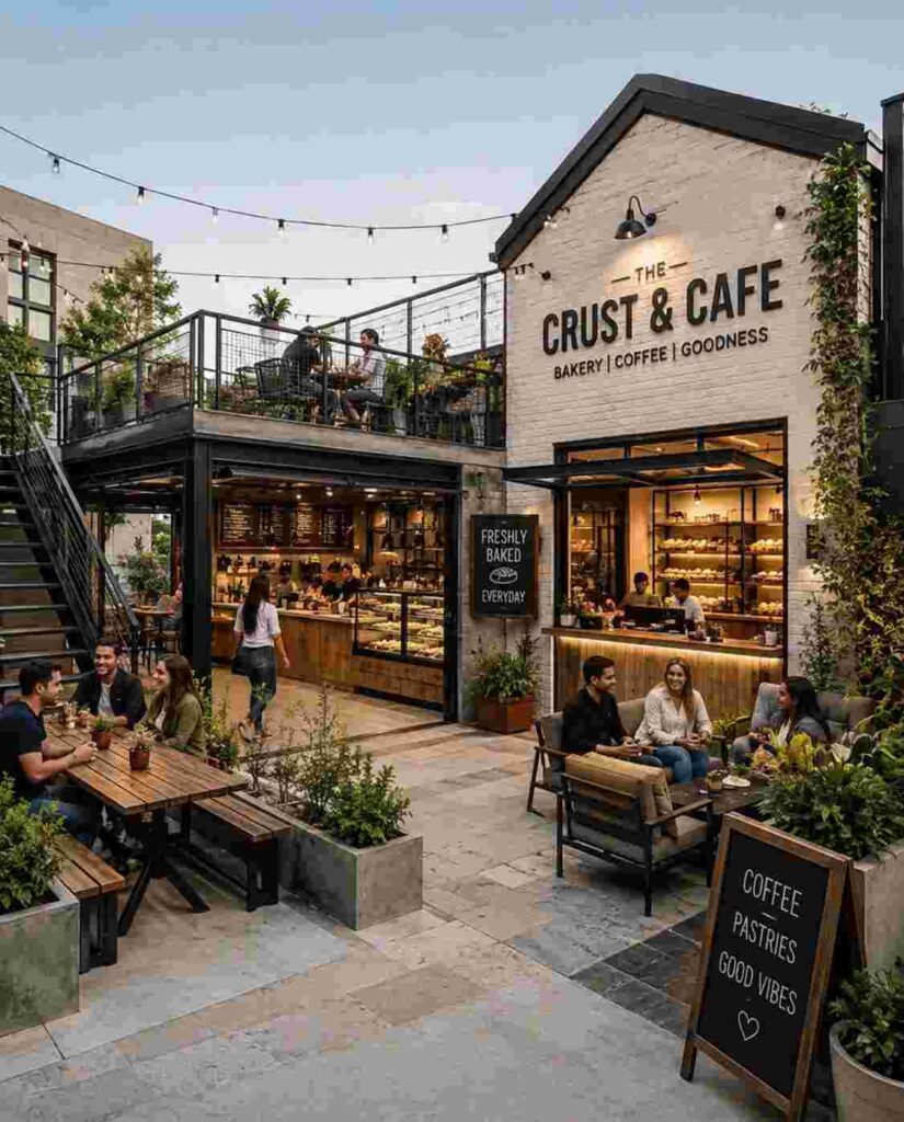 Modern two-story café exterior with rooftop seating, outdoor dining area, bakery counter, warm lighting, industrial architecture, and contemporary coffee shop design.