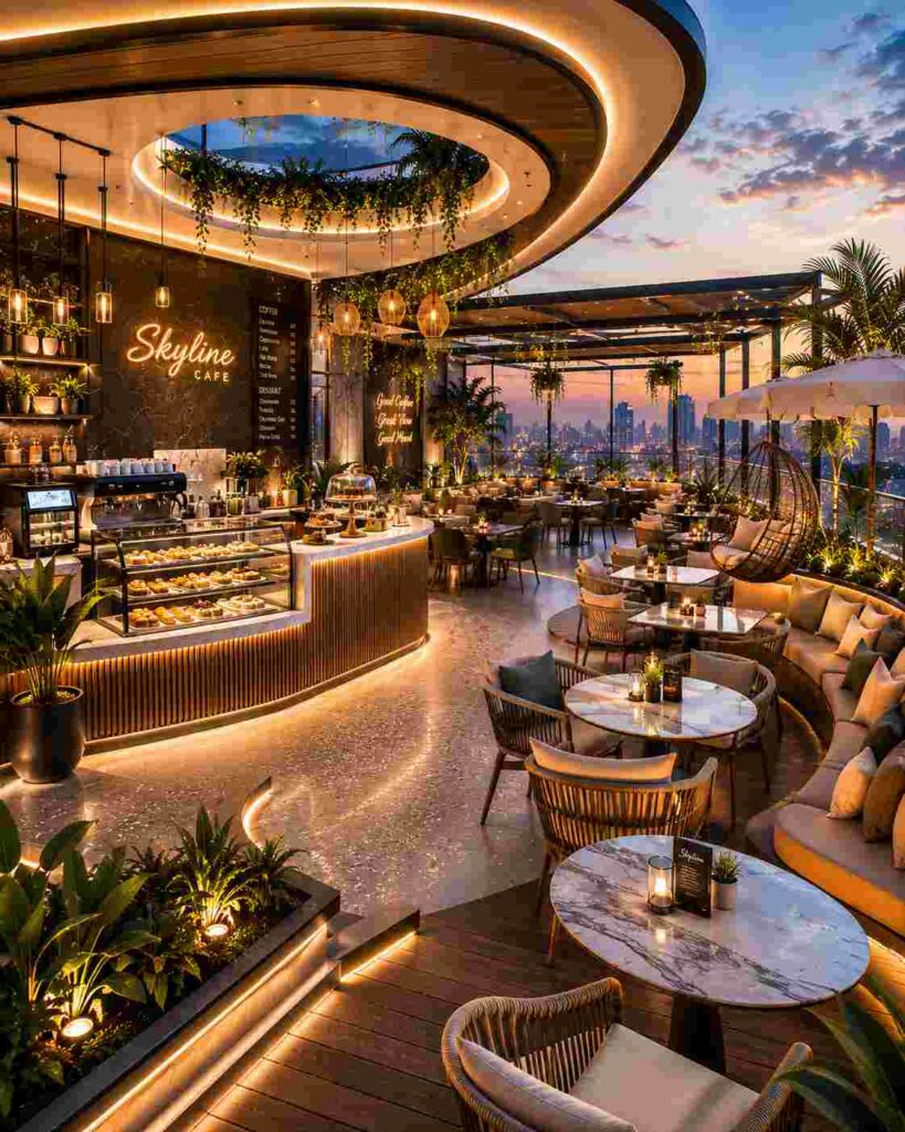 Luxury rooftop café interior with curved ceiling lighting, premium seating, hanging plants, modern coffee counter, marble tables, and breathtaking city skyline views at sunset.