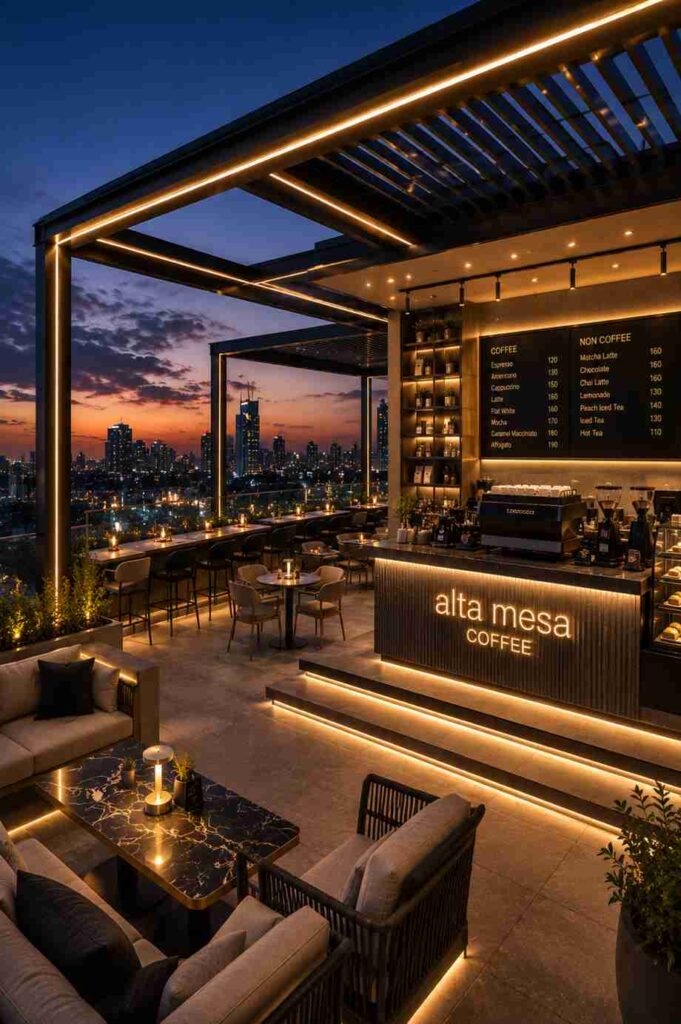 Modern luxury rooftop coffee shop with illuminated coffee bar, premium seating, warm ambient lighting, open terrace layout, and panoramic city skyline views at sunset.