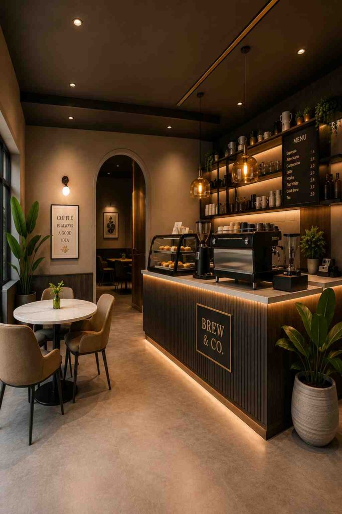 Modern luxury small café interior with a premium coffee bar, warm ambient lighting, elegant pendant lights, stylish seating, decorative plants, and contemporary coffee shop décor.
