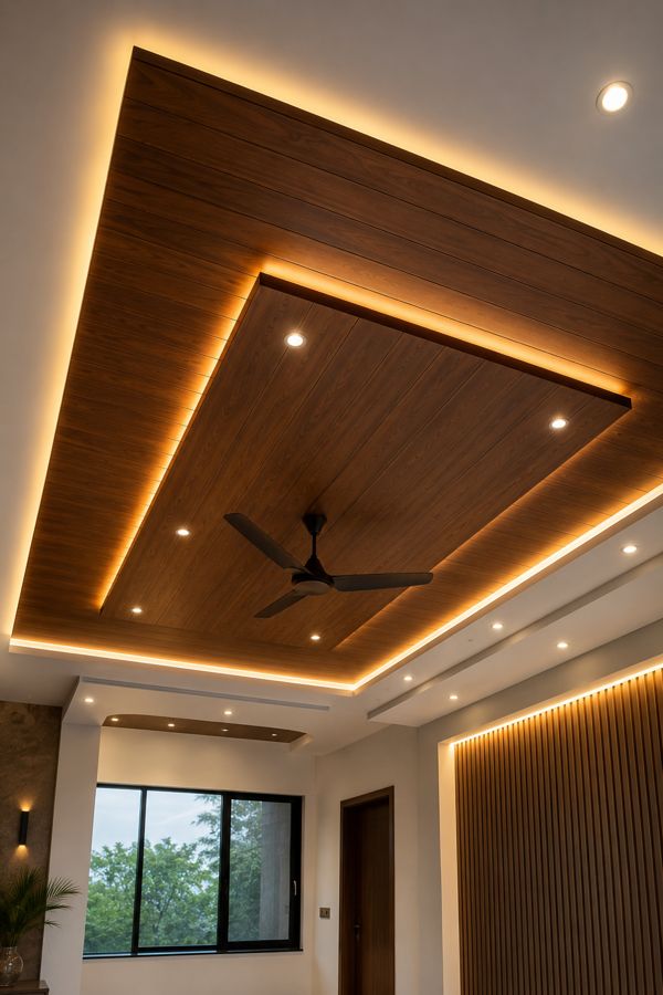 Modern wooden false ceiling with warm LED cove lighting, recessed spotlights, and ceiling fan in a contemporary luxury home interior.