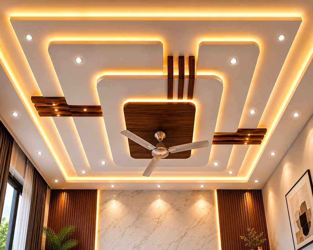 Modern POP false ceiling featuring geometric layered panels, wooden accents, warm LED cove lighting, recessed spotlights, and a ceiling fan in a luxury living room.