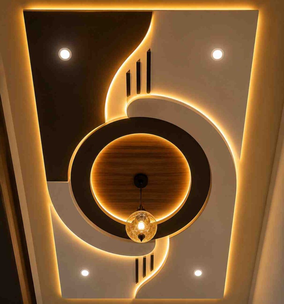 Modern circular POP false ceiling design with wooden center panel, warm LED cove lighting, decorative pendant light, and recessed spotlights in a luxury interior.