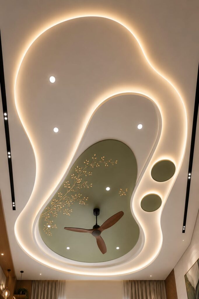 Modern organic false ceiling design featuring curved POP patterns, warm cove LED lighting, sage green accent panel, decorative floral artwork, recessed spotlights, and a wooden ceiling fan in a contemporary living room.