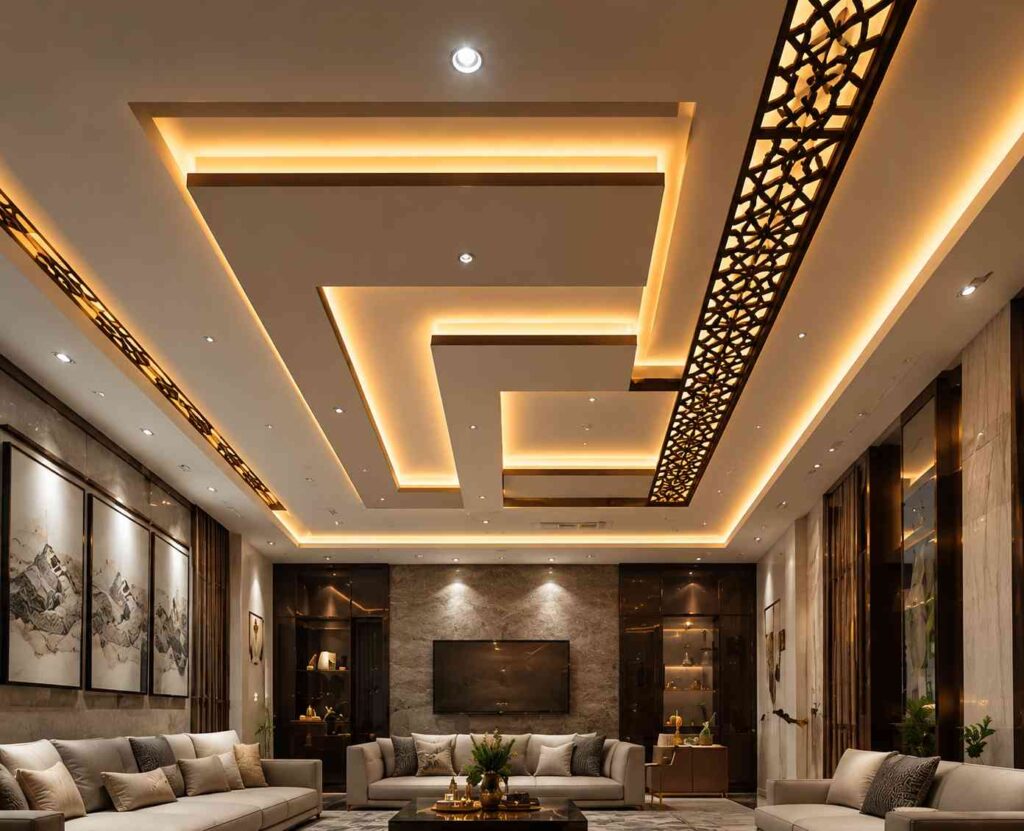 Luxury modern living room featuring a geometric POP false ceiling design with warm LED cove lighting, decorative laser-cut ceiling panels, recessed spotlights, and elegant contemporary interior décor.