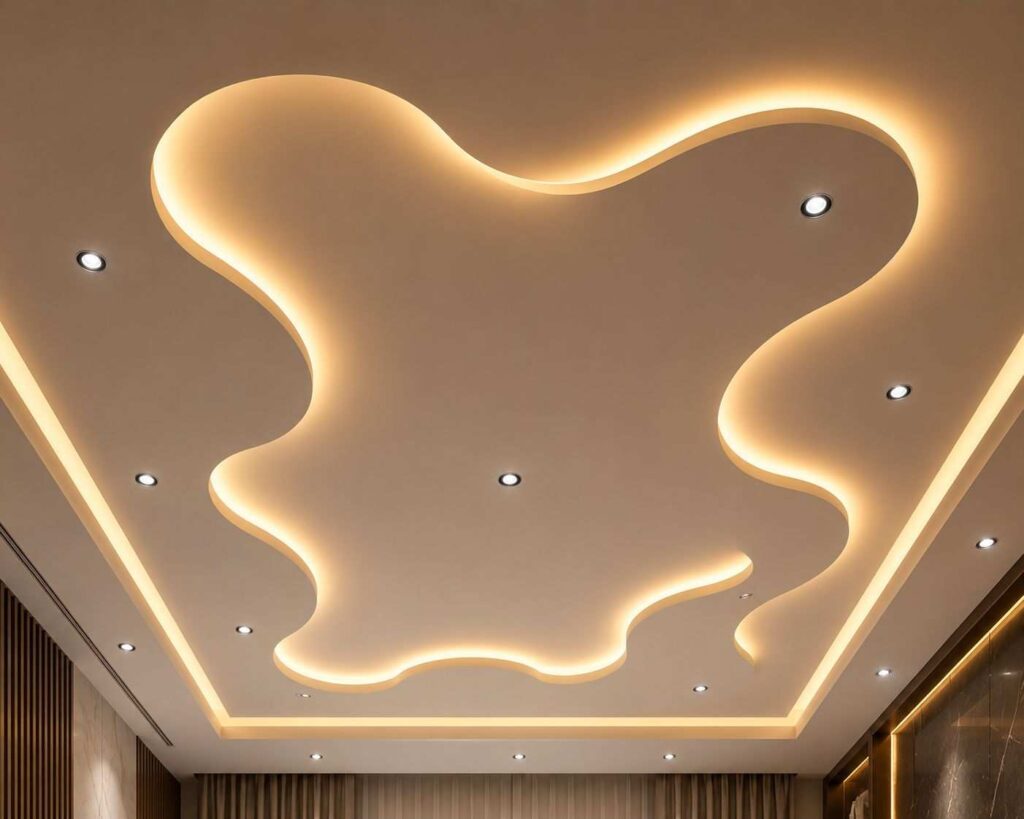 Modern curved POP false ceiling design with organic wave-shaped patterns, warm LED cove lighting, recessed spotlights, and a minimalist luxury interior style for contemporary living spaces.