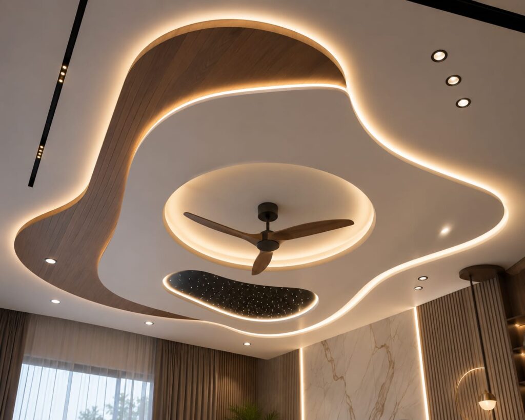 Modern luxury false ceiling design with curved POP patterns, wooden panel accents, warm LED cove lighting, recessed spotlights, circular ceiling feature, and contemporary interior decor.