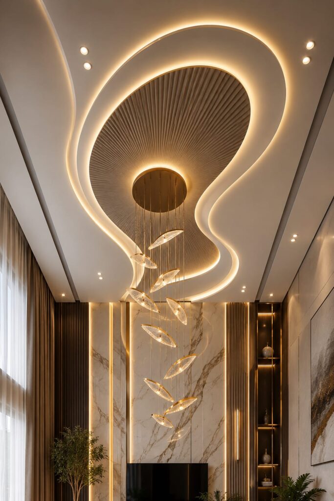 Modern luxury false ceiling featuring curved POP layers, warm LED strip lighting, wood-textured center panel, decorative crystal leaf chandelier, recessed spotlights, and elegant living room interior design.