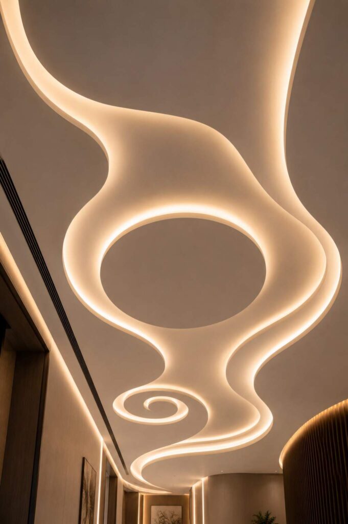 Contemporary hallway false ceiling design with flowing curved POP patterns, warm LED strip lighting, circular ceiling accents, organic shapes, and modern luxury interior architecture.
