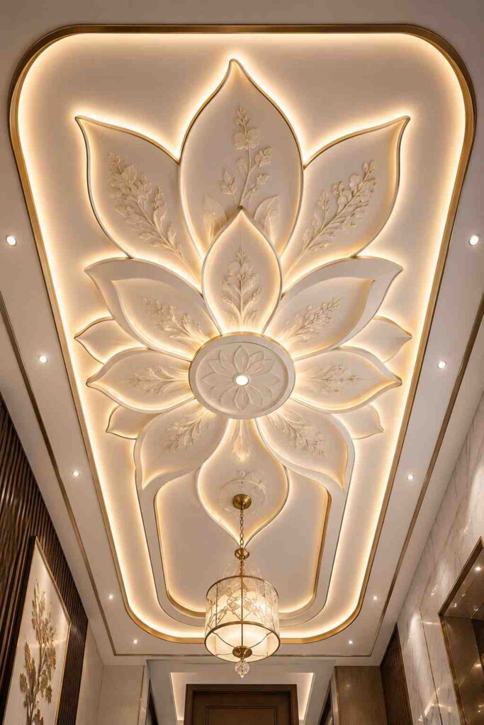 Luxury lotus flower false ceiling design with decorative POP petals, warm LED cove lighting, floral ceiling centerpiece, elegant chandelier, and sophisticated modern interior decor.