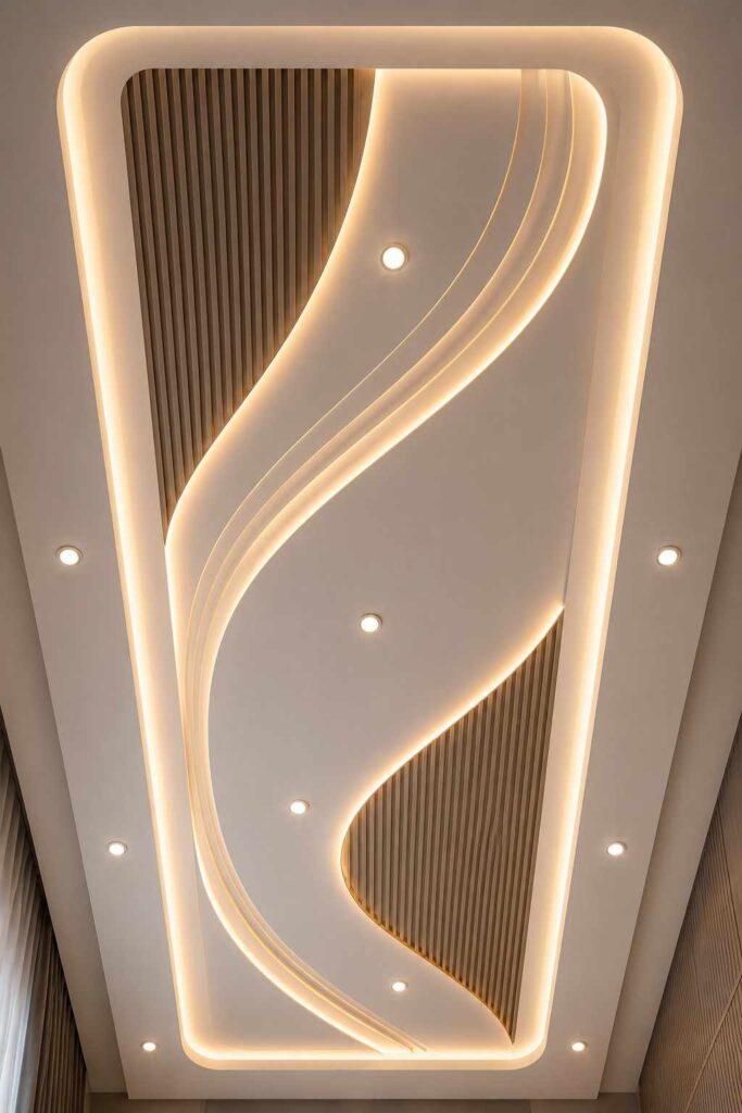 Modern curved POP false ceiling design featuring wooden slat accents, warm LED strip lighting, recessed spotlights, flowing wave patterns, and a luxury contemporary interior style.
