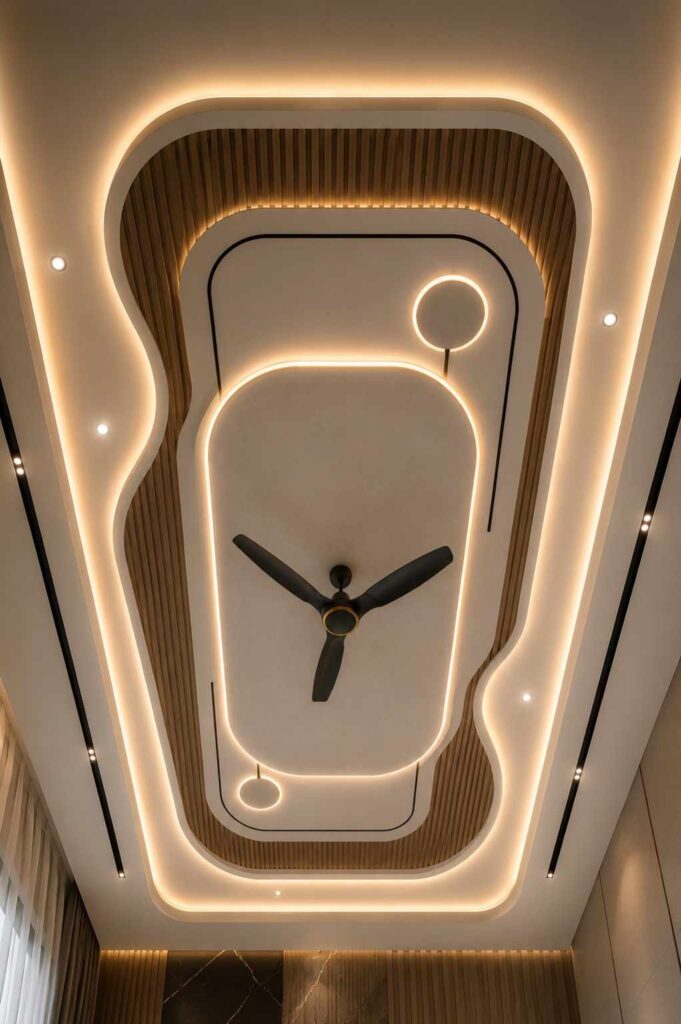 Modern false ceiling design with curved POP layers, wooden slat panels, warm LED cove lighting, circular LED accents, ceiling fan, and contemporary luxury interior decor.