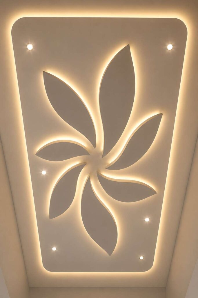 Modern floral POP false ceiling design with leaf-shaped patterns, warm LED cove lighting, recessed spotlights, decorative ceiling artwork, and contemporary luxury interior styling.
