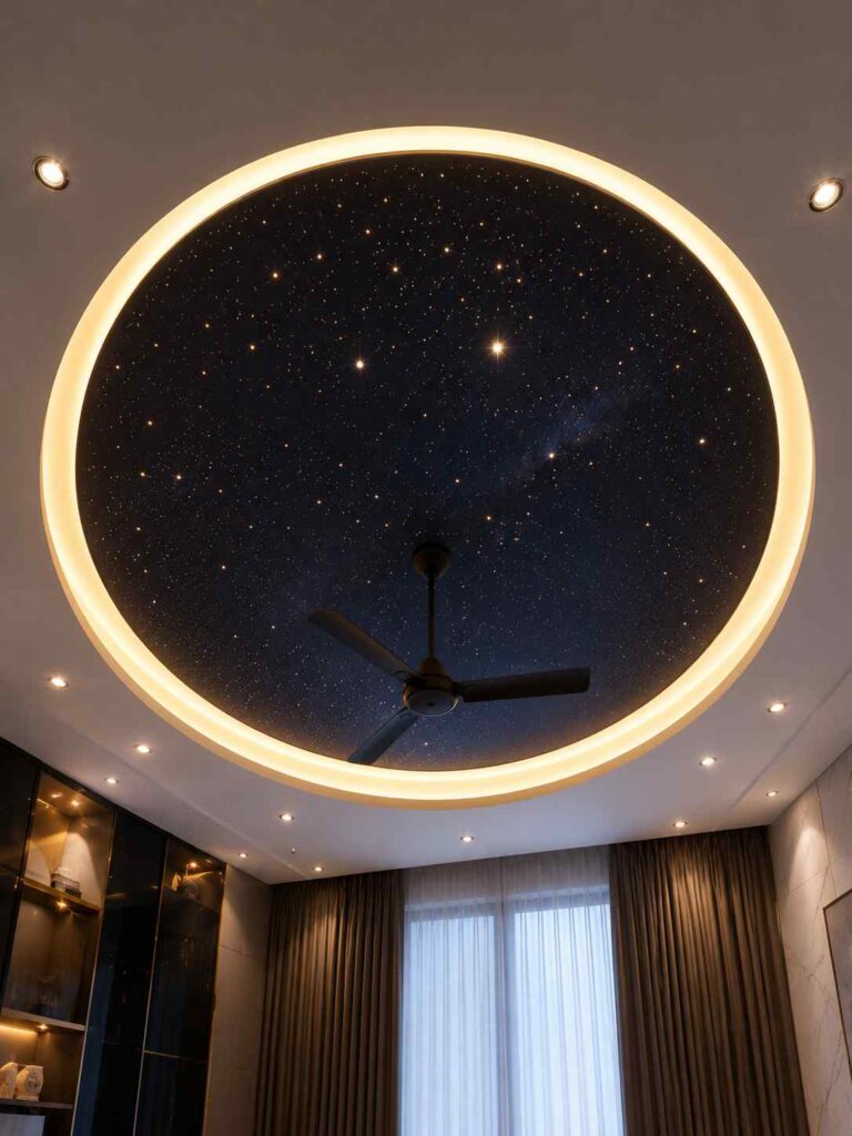 Luxury starry sky false ceiling design with galaxy-inspired ceiling artwork, circular LED halo lighting, recessed spotlights, ceiling fan, and modern contemporary interior decor.