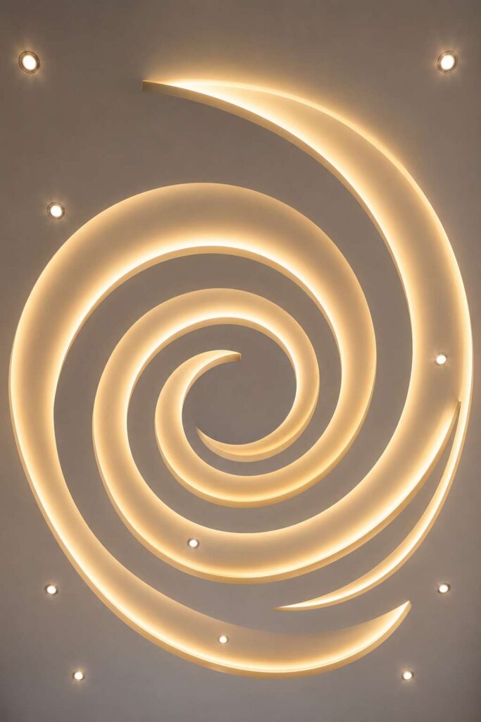 Modern spiral false ceiling design with concentric curved POP layers, warm LED cove lighting, recessed spotlights, artistic circular pattern, and contemporary luxury interior styling.