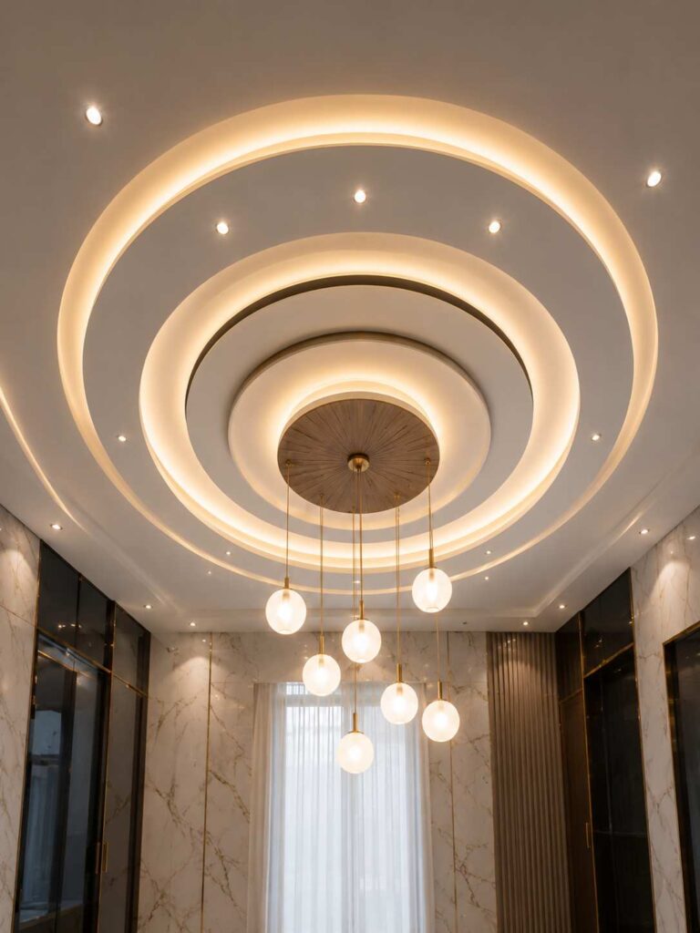 Luxury circular false ceiling design with concentric LED-lit rings, modern globe pendant chandelier, warm cove lighting, recessed spotlights, and elegant contemporary interior decor.
