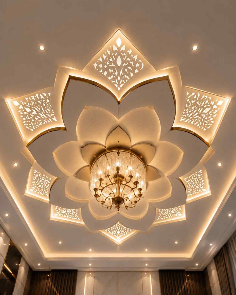 Luxury lotus flower false ceiling design with layered POP petals, decorative laser-cut patterns, warm LED cove lighting, crystal chandelier, recessed spotlights, and elegant modern interior decor.